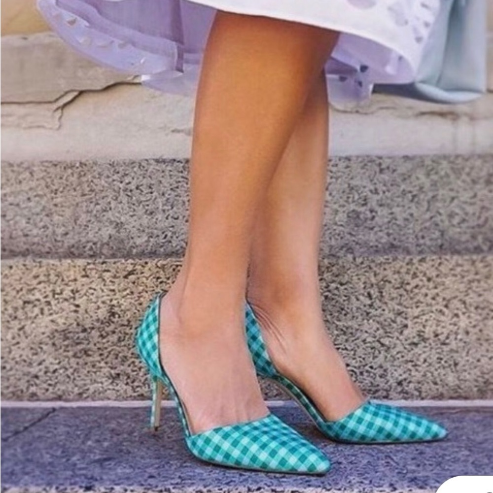 J. Crew $278 Elsie Gingham D'Orsay Pumps Size 7 Emerald and white Made in Italy